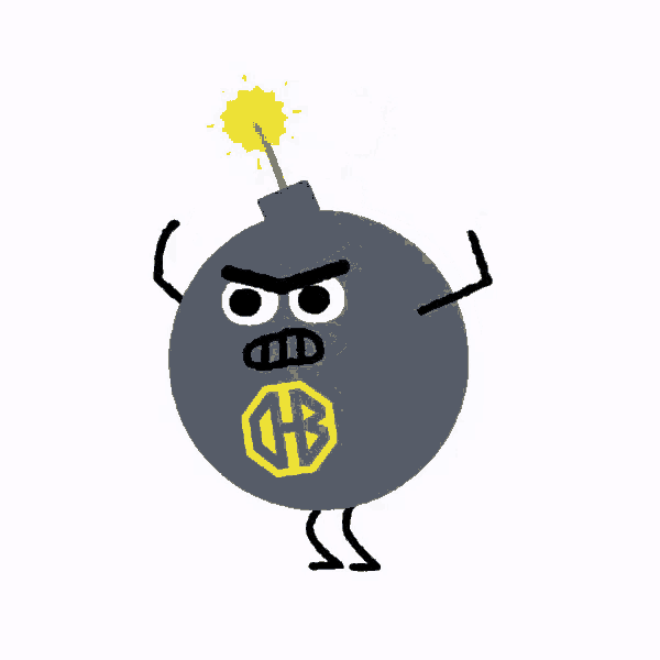 a cartoon drawing of a bomb with a cb logo in its mouth