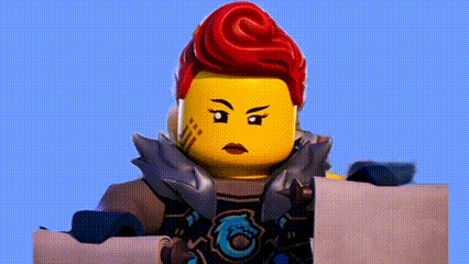 a lego woman with red hair is holding a piece of paper in her hands .