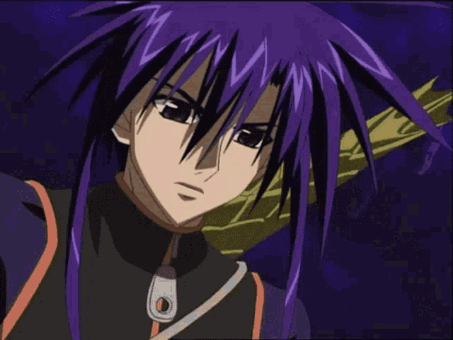 a purple haired anime character with black eyes