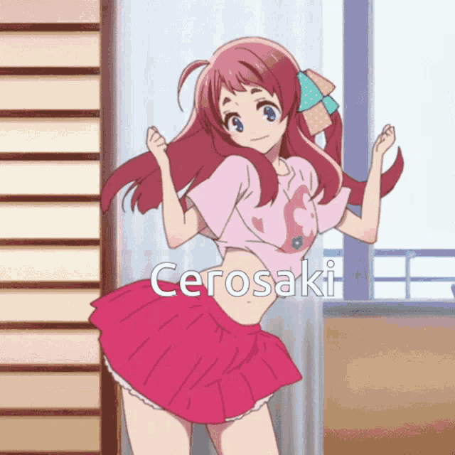 a girl in a pink shirt and pink skirt is dancing with the name cerosaki written below her