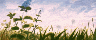 a painting of a field of grass and flowers with a blue sky in the background