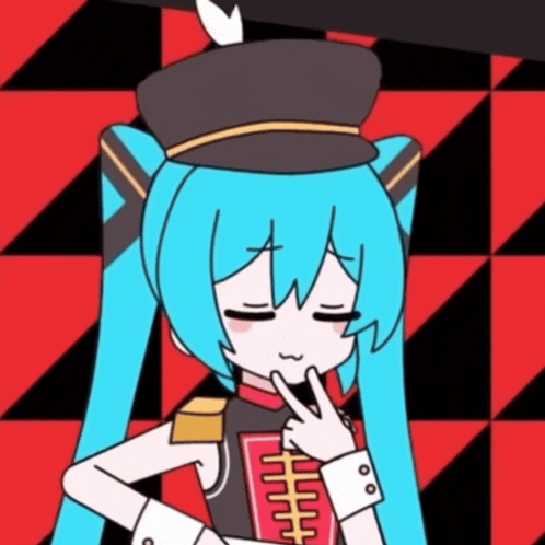 a cartoon of a girl with blue hair and a black hat