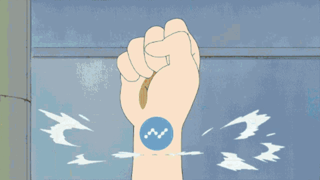 a girl in a white shirt has a blue circle on her arm