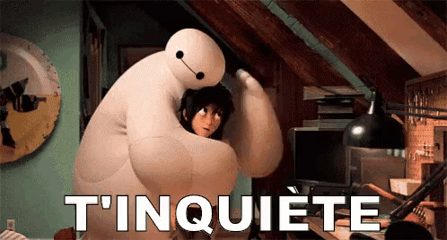 a big hero 6 character is hugging a girl in a room with the words t ' inquiete written on the bottom .