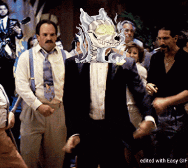 a man in a tuxedo with a skull on his face is surrounded by people