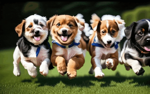 a group of puppies are running in a line and one of them has the letter h on his collar