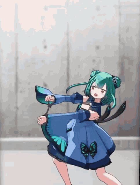 a girl with green hair and a blue dress with a butterfly on it