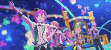 a group of anime characters standing on a stage with their arms outstretched