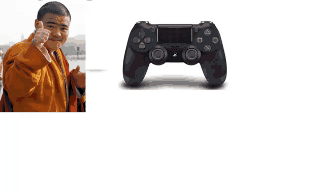 a man giving a thumbs up next to a playstation 4 controller