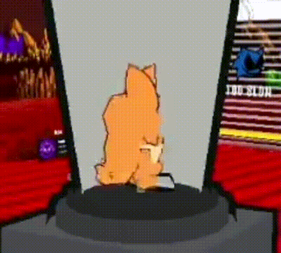 a cartoon cat is standing on a podium in a room with a sign that says doctor on it .