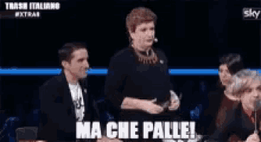 a woman is standing in front of a group of people and saying ma che palle .