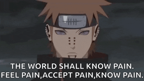 pain from naruto is wearing a headband and has a quote on his head .