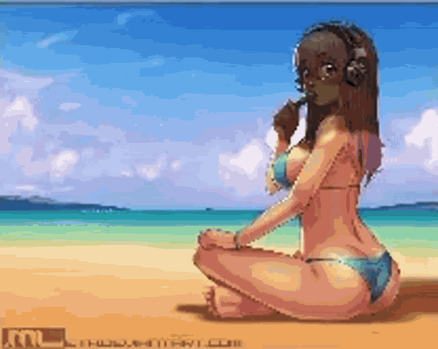 a pixel art of a girl in a bikini sitting on a beach