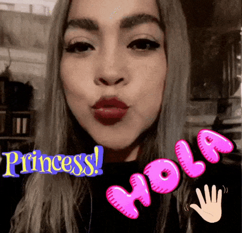 a woman is making a face with the words princess and hola behind her