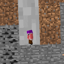 a pixel art of a person with purple hair standing in front of a wall