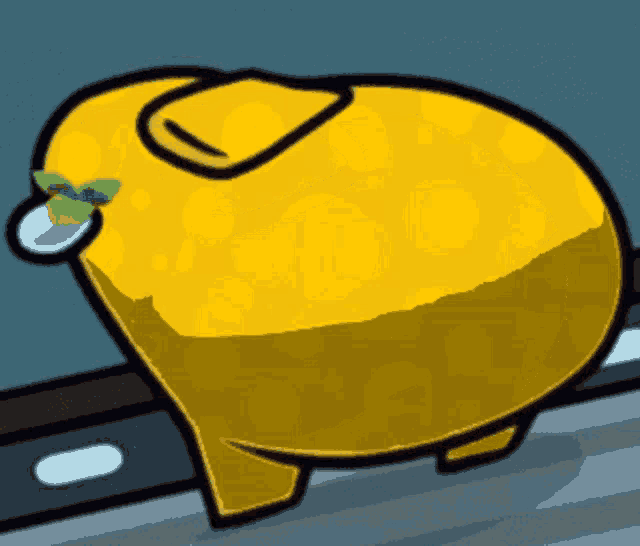 a yellow among us character with a green plant in its mouth