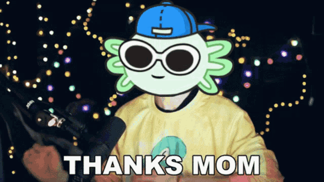 a cartoon character with a hat and sunglasses says thanks mom