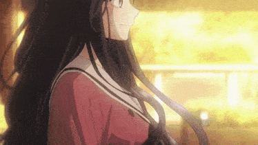 a girl with long black hair is wearing glasses and a red uniform