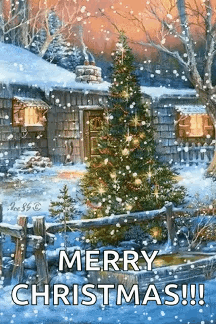 a merry christmas greeting card with a christmas tree in the snow in front of a cabin .