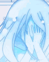 a drawing of a girl with blue hair covering her face