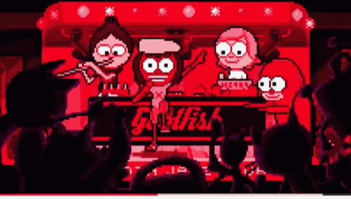 a group of cartoon characters are standing in front of a sign that says ' ghostfish '