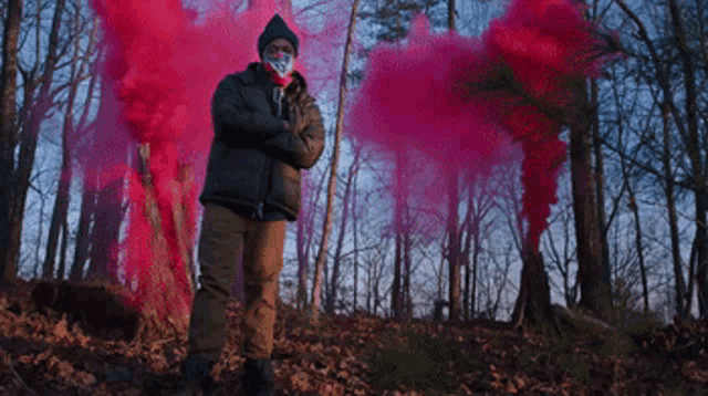 a man wearing a mask stands in front of a smoke bomb in the woods