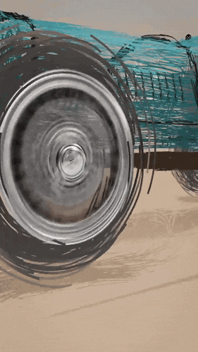 a drawing of a blue race car with a silver rim