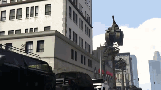 a statue of a tank is hanging from a building in a video game