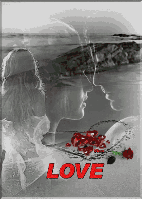 a black and white photo of a man and a woman with the word love in red