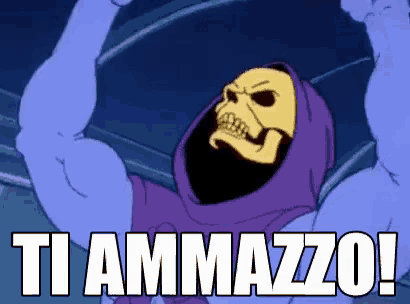a cartoon character with a skull on his face and the words `` ti ammazzo '' written on it .
