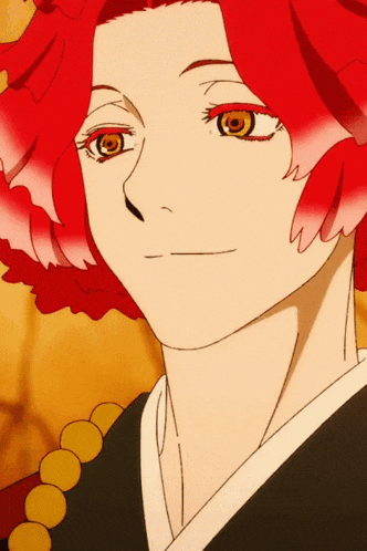 a close up of a person with red hair and yellow eyes