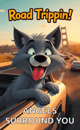 a cartoon wolf sticking its tongue out of the window of a car with the words road trippin angels surround you below it
