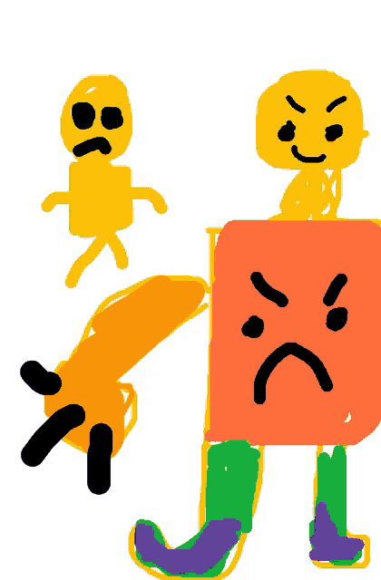 a drawing of a yellow stick figure with an angry face and a red square with an angry face