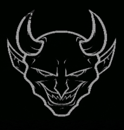 a black and white drawing of a devil 's face with horns and wings on a black background .
