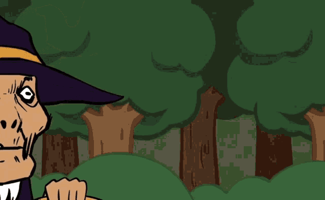 a cartoon drawing of a witch with a purple hat