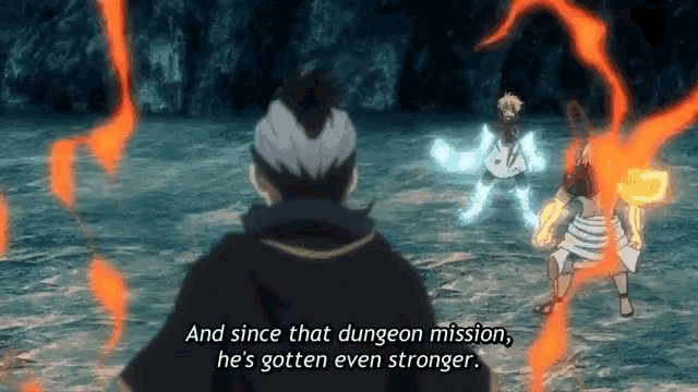 a man says " and since that dungeon mission he 's gotten even stronger " in front of a group of people