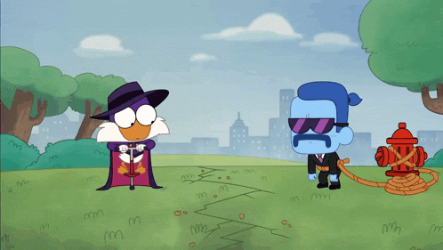 two cartoon characters are standing next to a fire hydrant in a park
