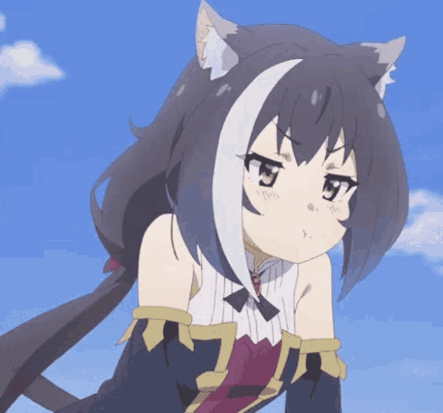 a girl with cat ears is making a funny face
