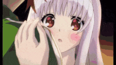 a girl with white hair and red eyes is being held by a person
