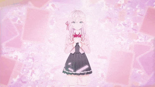 a girl in a school uniform is standing in front of a pink background with flowers coming out of it