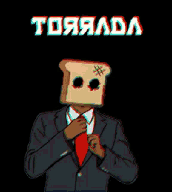 a man with a slice of bread on his head