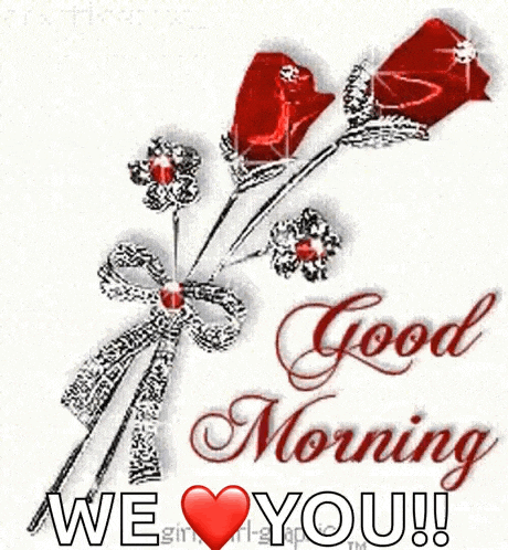 a good morning card with two red roses and a bow .