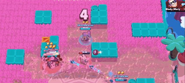 a screenshot of a video game with a pink background and a person shooting a bullet .