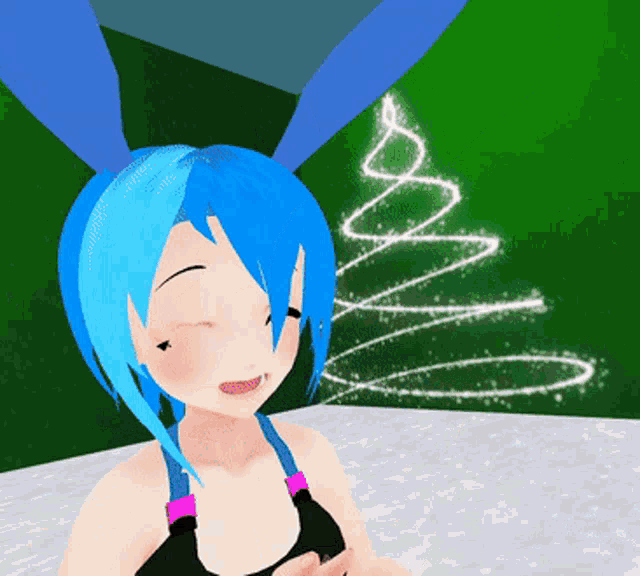 a girl with blue hair is standing in front of a green background