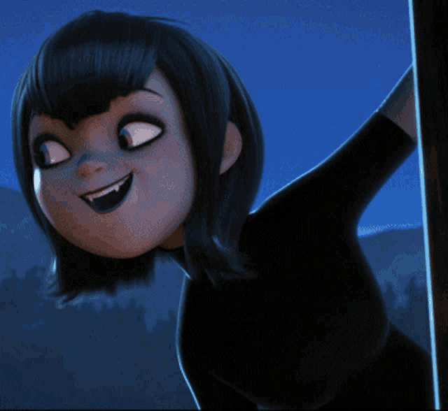 a close up of a cartoon character with a blue sky behind her