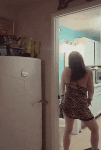 a woman in a leopard print dress stands in front of a refrigerator