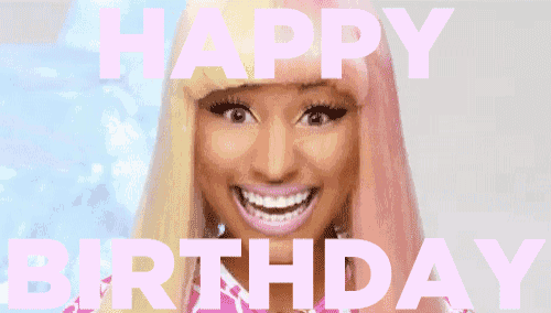 a woman with pink hair says happy birthday in pink letters