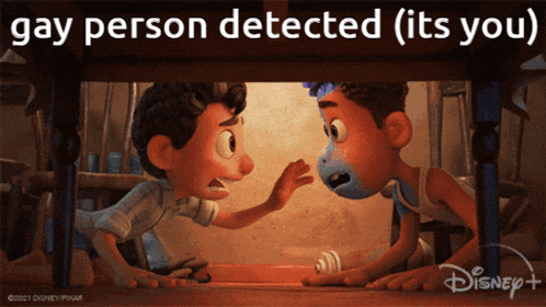 two cartoon boys are looking under a table and the caption says gay person detected