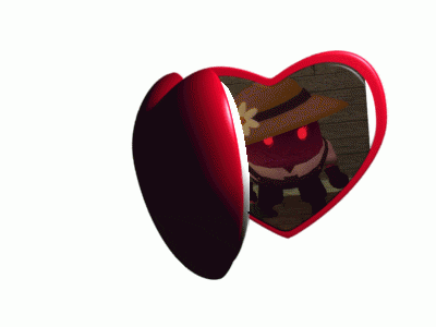 a heart shaped mirror has a picture of a frog in a hat on it