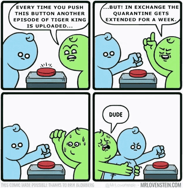 a cartoon of a man pushing a button that says dude on it